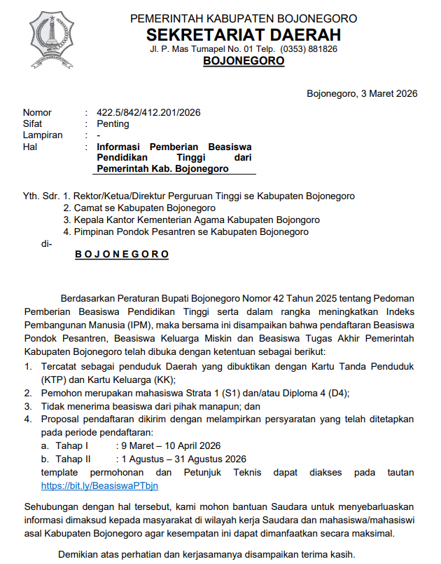 Pendaftaran Beasiswa Pendidikan Tinggi Kabupaten Bojonegoro 2026 Telah Dibuka 🎓✨